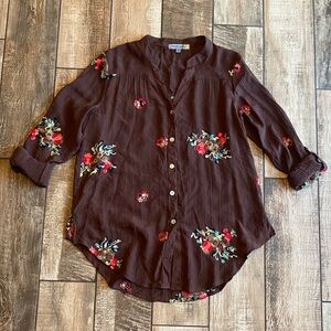 Figueroa & Flower Brown Floral Embroidered Women's Top